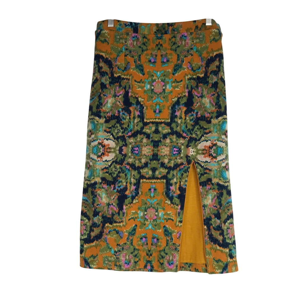 Maeve Mustard Multicolor Floral-Print Pencil Skirt with Front Slit